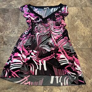 Y2K Abstract Geometric Pink Women 1X Favé Flutter Sleeve V-Neck Blouse‎ Top